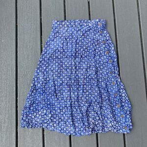 Blue floral polka dot knee length rayon skirt with side buttons, cottagecore